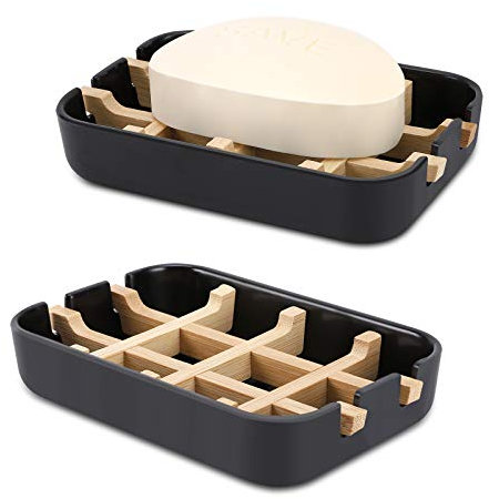 Fufengz Jabones de madera de bambú para barra de baño, jabonera de ducha, plato de ducha (una pieza negro)