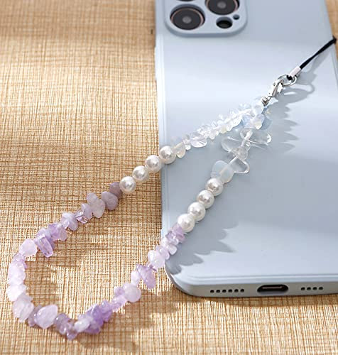 Bunte Natürlicher Kristallstein Kies Perle Handykette,Universal Handy Handschlaufe Handy Charm Handgelenk Handy Lanyard Perlen Kette Telefonkette Handyschmuck Schlüssel Taschen Handy Anhänger,Lila