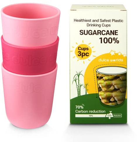 Dulce Worlds Caña de azúcar irrompible con certificado USDA - Vasos de plástico para beber - Apto para microondas y lavavajillas - Libre de BPA, reutilizable y ecológico - Paquete de 3 (10 oz) - Rosa