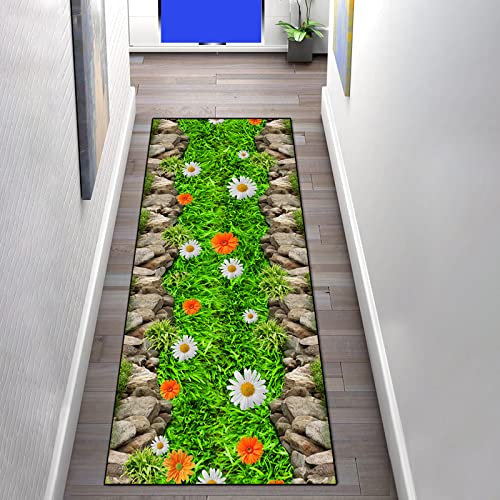 Teppichläufer Läufer für Küche rutschfest 80×200cm 3D Blumen und Grünflächenmuster Korridor Küchenläufer Teppichläufer Polyester Waschbar für Schlafzimmer Innen Wohnzimmer, Teppich meterware Meter