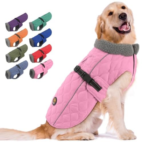 Sheripet Dog Winter Jackets, Furry Collar Winter Coats for Dogs with Fleece Lining, Reflective Winter Dog Jackets Warm Windproof Dog Coats for Large Dogs, Pink L