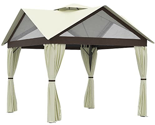 Outsunny Tonnelle de Jardin tonnelle Barnum pavillon de Jardin 4 x 4 m Double Toit avec parois latérales Amovibles Cadre en Acier Beige