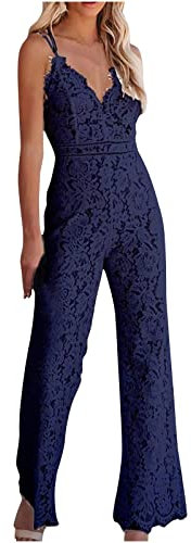 Lace Jumpsuit for Women UK Elegant Sexy V Neck Bodysuit Summer Sleeveless Solid Wide Leg Pants Suspender Bib Overalls Rompers Slim Fit Dungarees Long Jumpsuits Ladies Sale Clearance Dark Blue
