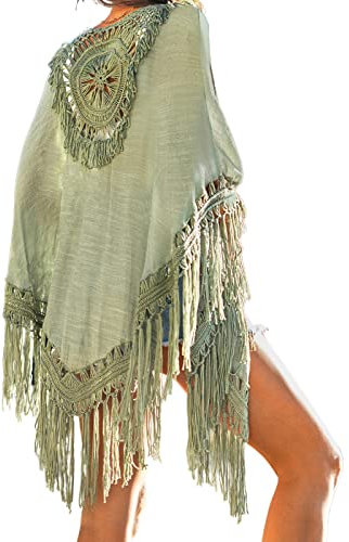 CUPSHE Women Cover-Up Kimono Boho Fringe Open-Front Long Sleeves Sexy Beach Cover Up Casual Summer Green One Size