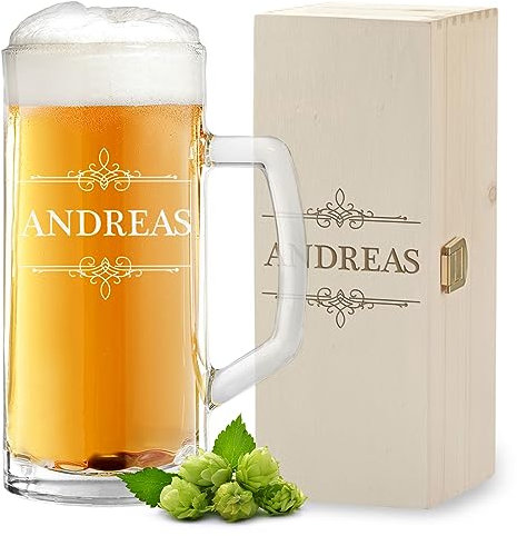 polar-effekt 2-TLG Bier Geschenk-Set Bierkrug 0,5 L und Holzkiste mit Gravur - Männergeschenk zum Geburtstag und Jubiläum - Bierglas für Freunde - Bierseidel Geschenk für Papa