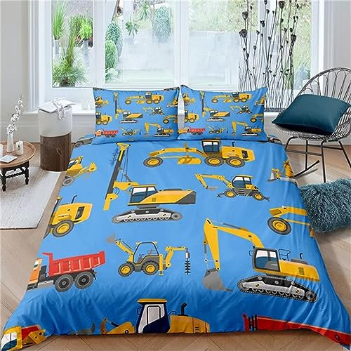 LoCzek Bagger Bettwäsche 140x200 Blau Bettbezug 140x200 2er Set für Kinder, Mikrofaser Bettwäsche Set und Kissenbezug 80x80, Weiche Atmungsaktive Bettwäsche-Sets mit Reißverschluss
