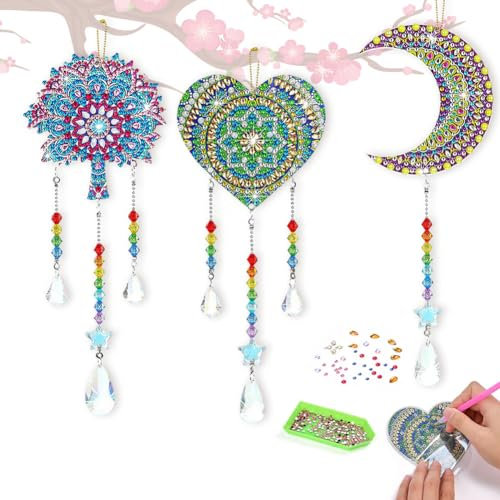 Aolso Diamond Painting Kinder Sonnenfänger, Windspiel Bastelset, uncatcher Bastelset Spielzeug, Garten Dekoration Bastelset mit Kristallanhänger, 5D-Diamant-Malerei-Set (Mond)