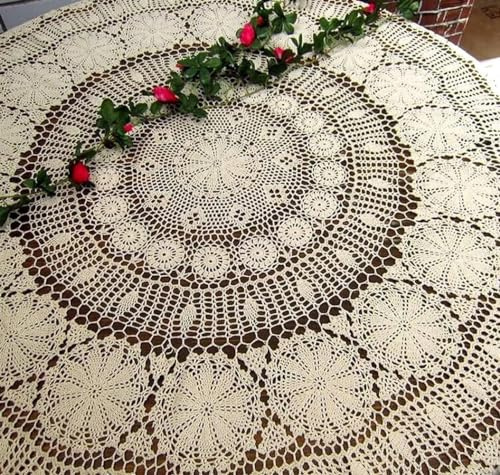 USTIDE Nappe crochetée à la main beige 100 % coton ronde dentelle vintage florale crochet napperon 120 cm