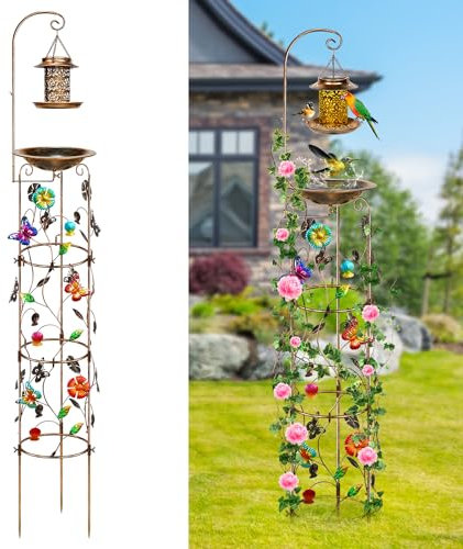 Tfro & Cile Baño para pájaros con enrejado de plantas, comedero solar para pájaros decorativo para jardín, mariposa, cuenco para pájaros para flores trepadoras