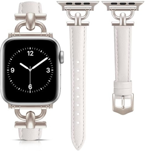 mxiixnai Leather Strap Compatible with Apple Watch Straps 41mm 40mm 42mm 38mm Women, Slim Thin Leather Replacement Strap for iWatch Bands Series 10 9 8 7 6 5 4 3 2 1 SE,Starlight/Starlight