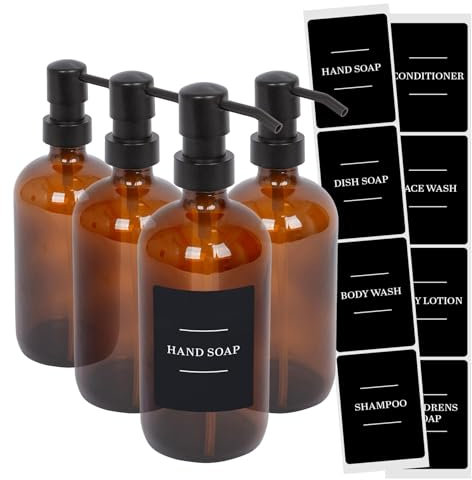 Harbour Housewares Glass Soap Dispensers with Labels - Amber/Black - 4 Pack - 500ml Refillable Soap Dispensers Hand and Dish Liquid Pump for Bathroom, Kitchen, Laundry Room