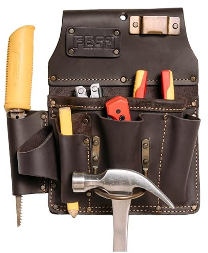 FESA Werkzeugtasche für Trockenbau – 10-in-1 Herren-Werkzeugtasche aus schwerem genarbtem Leder mit Stahl-Hammerschlaufe und Maßband-Clip – passend für Arbeitsgürtel bis 7,6 cm – handgefertigt (braun)