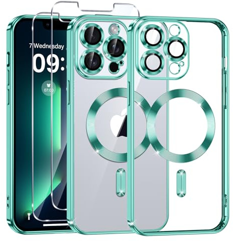 Phoona Cover Placcatura per iPhone 13 Pro 6,1 Pollici, Obiettivo per Fotocamera Protezione Completa e 2 × vetro temperato, Compatibile con MagSafe Ricarica Wireless, Protezione Militare, Verde