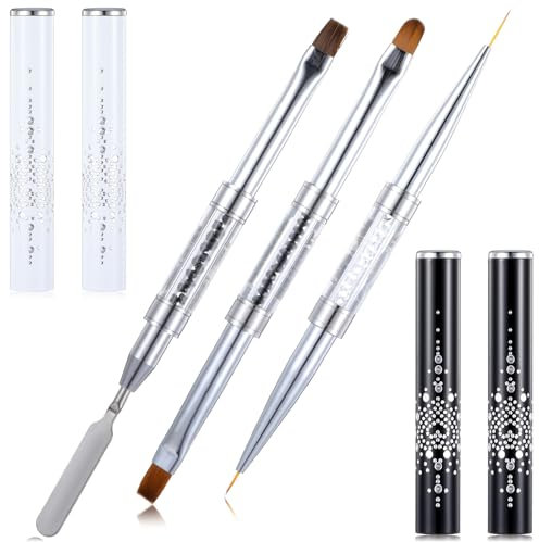 3pcs Hard Gel Brush, French Manicure Brush French Tip Nail Gel Liner Brush, Builder Gel Brushes for Design Nails Dual-Ended Nail Design Brushes Rhinestone Handle Nail Brush Professional Nail Art