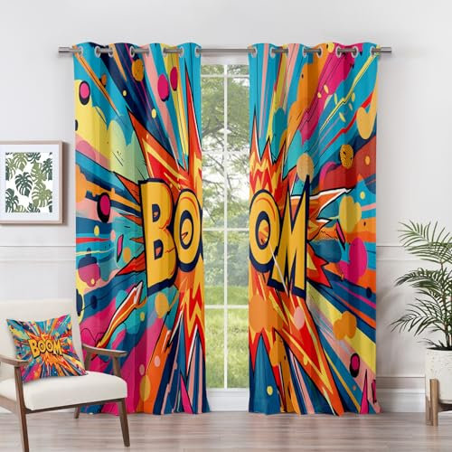 Superhero Curtains for Boys Bedroom - Superhero Curtains - Boom Comic Book Pop Art Blackout Curtains 46 x 54 Inch (Width x Drop) 2 Panels, Retro Colourful Fun Eyelet Curtains & Drapes