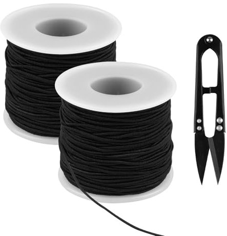 Gummiband für Armbänder, 2 Rollen Gummischnur 1 mm x 100 m, Gummikordel mit Schere, Perlenschnur Elastische Faden für DIY Handwerk Schmuckherstellung Armbänder Halsketten (Schwarz)