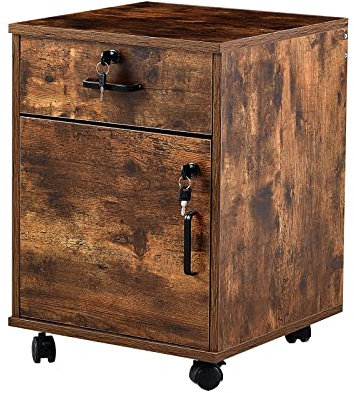 Armadietto mobile a 2 cassetti in stile industriale con serratura e ruote, per casa e ufficio, in legno marrone, con 1 cassetto e 1 armadietto