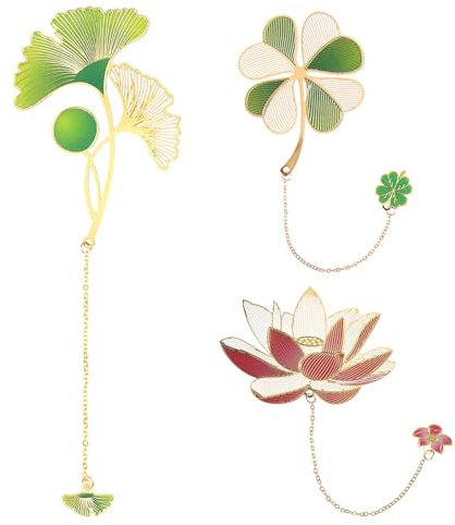 Neoreser 3 Stücke Lesezeichen Metall, Metall Leaf Lesezeichen 3D Bookmark mit Quasten, für Lehrer, Studenten, Kinder, Leser, Freunde (Ginkgo/vierblättriges Kleeblatt/Lotus Form)