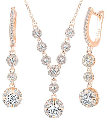 MicLee Collane ciondoli e orecchini di zirconi scintillante per donna: Parure di gioielli in argento 925 - Collana e orecchini di diamanti - Gioielli da sposa eleganti - Gioielli per feste oro rosa