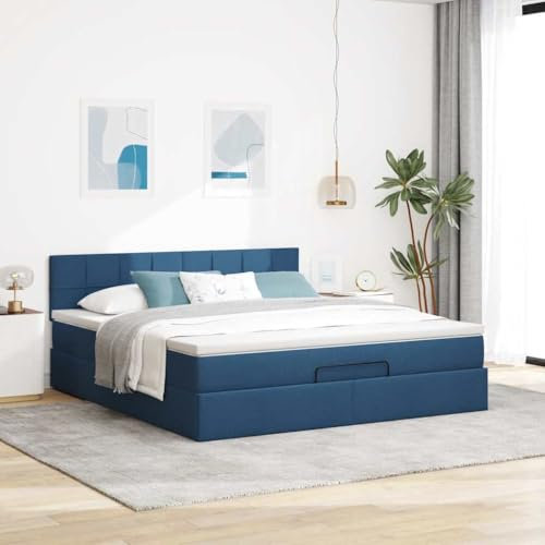 Willood Boxspringbett mit Matratze & LEDs Blau 180x200 cm Stoff Block mit Quadraten
