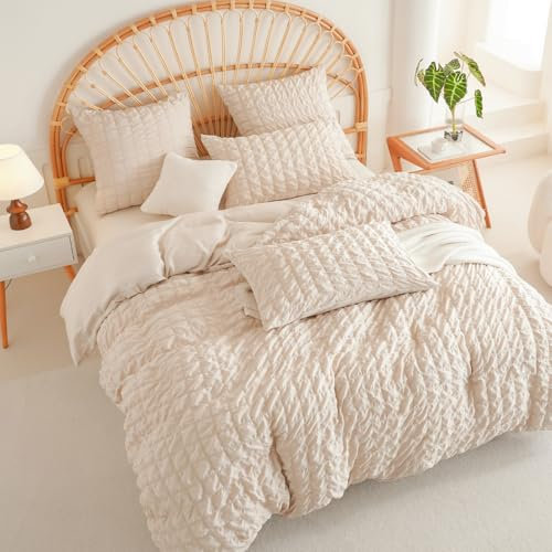 AShanlan Musselin Bettwäsche 155x220 Beige Kariert Seersucker Musselin-Bettwäsche Set 2teilig Mädchen Aesthetic Oeko-tex Microfaser Lustig Kühlende Bettbezug und 1 Kissenbezug 80x80 mit Reißverschluss