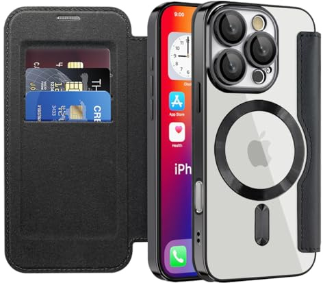 SIYOPINPFY Wallet Case for iPhone 16 Pro with Card Holder, Black JD | [Compatible with MagSafe] [RFID Blocking] Premium Flip Leather Card Slots Holder , Magnetic Clear Back Shockproof Phone Case