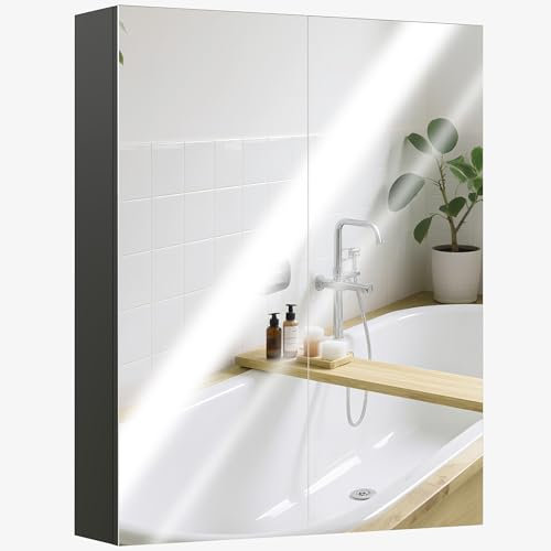 HOMCOM Armoire de Salle de Bain à Deux Portes avec Miroir et 2 étagères intérieures, Armoire de Salle de Bain en MDF avec Miroir et Fermeture Douce, 60x15x75 cm, Noir