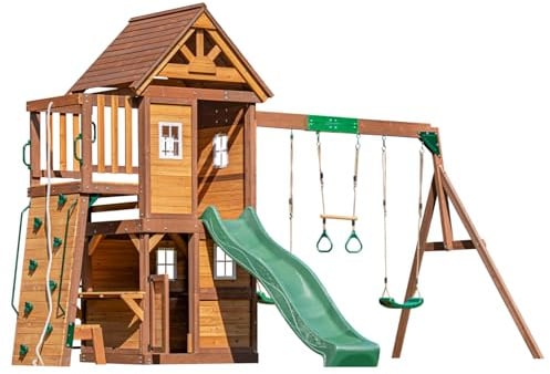 DOLPHIN PLAYGROUND T Holz-Spielgerät für Kinder ab 3 Jahren | Mit Rutsche, Trapezstange, Klettergerüst, Spielhaus mit 2 Schaukeln und Spielküche, Aus Zedernholz