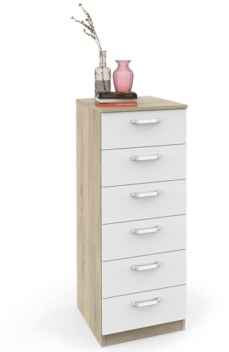 briebe Sinfonier Schlafzimmer, hoch, Kommode, Kommode mit 6 Schubladen, 110 x 40 x 40 cm (H x B x T), Schlafzimmer, Jugendzimmer, Kinder, Prakt, Eiche Kambrian/Weiß
