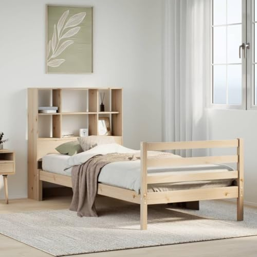 HaoChrymec Massivholzbett mit Regal aus Kiefernholz, Lattenrost, Stauraum im Kopfteil, schlafsofa, einzelbett, Für Schlafzimmer, Weiß, 90x200 cm