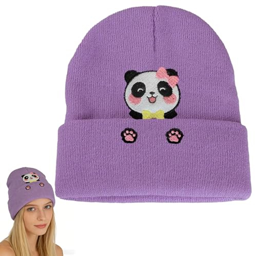 LUMIREX Haube Damen Winter, Lila Strickmütze mit Panda Stickerei und Pfote Details, Niedliche Kinder Mütze, Süßes Geschenk für Panda Liebhaberinnen, Herren, Frauen, Freunde, Geburtstagsgeschenke