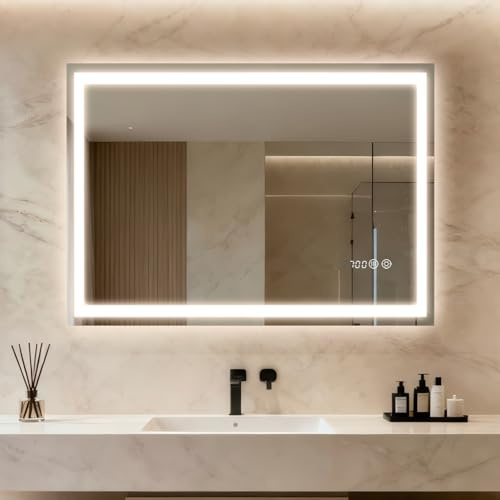 Clevich LED Badspiegel mit Beleuchtung & Uhr 80x60 cm, Dimmbar Beschlagfrei | Gehärtetes Sicherheitsglas, Touch dimmbar, 3 Lichtfarben Beschlagfrei, Memory-Funktion, einfache Wandmontage