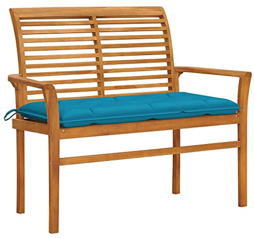 IBUQDDV Gartenbank aus Massivholz Teak mit hellblauer Auflage 112 cm Länge Wetterfest Langlebig