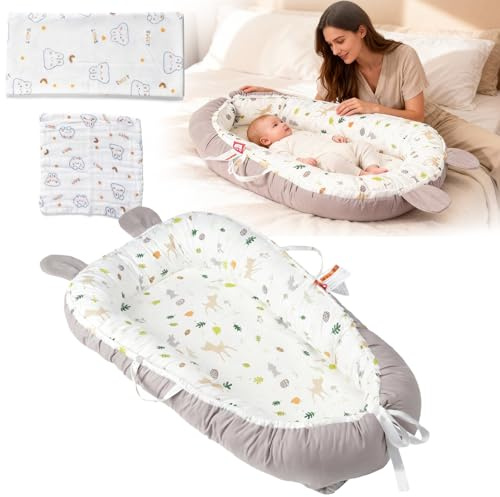 Verdego Babynest, Nestchen Baby 95x50x15cm, Babynestchen Neugeborene mit Tragegriff, Decke und Spucktuch, 100% Baumwolle, Baby Nest Zweiseitg Entwurf, Herausnehmbarer, Baby Nestchen Set, Reh Motiv