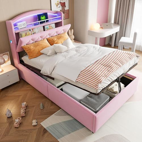 Ktipm Letto Singolo Imbottito 90x200 cm con USB e Testiera a Contenitore, Letto Contenitore Idraulico Struttura Letti Singoli con Luci LED, Letti una Piazza, Velluto, Senza Materassino, Rosa