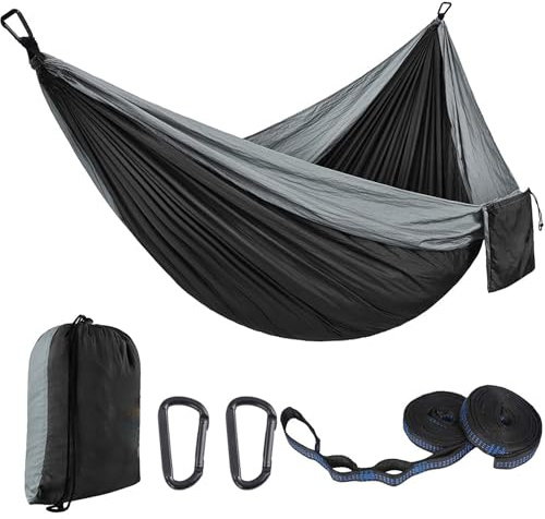 SNZ Hamaca de Camping Ultraligera, 270x140 cm, Nailon de Paracaídas 210T, 200 kg de Capacidad, Incluye Cintas para Árboles y Mosquetones de Acero – Portátil para Senderismo, Viajes, Jardín y Playa