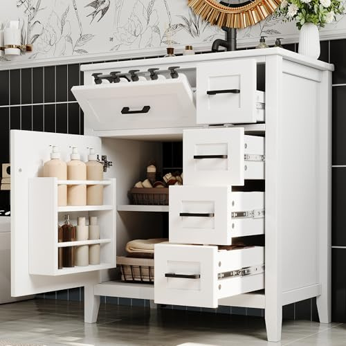 BTM Waschtisch Stehend mit Unterschrank Badezimmerschrank Keramik Waschbeckenunterschrank mit Schubladen Weiß