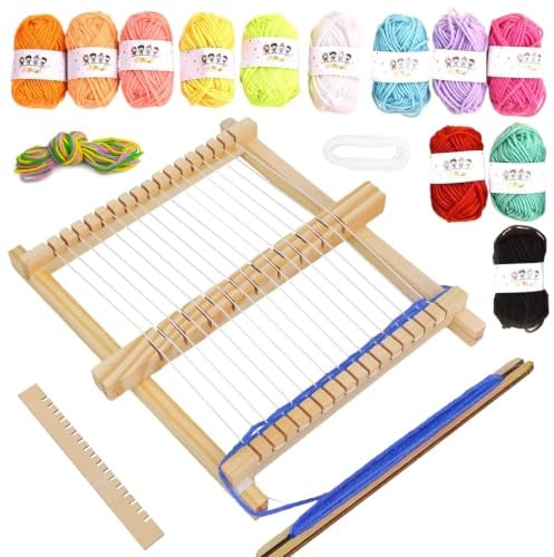 ikBrtaiay Webrahmen mit 12 GarnbüNdeln, 20x17 cm Holz Webstuhl Set mit Farbige Wolle, DIY Holz Webrahmen Set für AnfäNger zum Stricken und Gestalten
