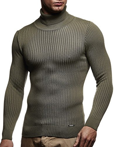 Leif Nelson Herren Pullover mit Rollkragen Slim Fit Langarmshirt Schwarzer Männer dünner Strickpullover - Sweatshirt Rollkragenpullover - Pulli Sommer LN1670 Khaki Small