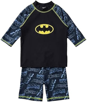 DC Comics Boys Kids Batman Swim Set, 2 Piece Set comprising Short Sleeve Top and Trunks, Black, Age 4-10 Years