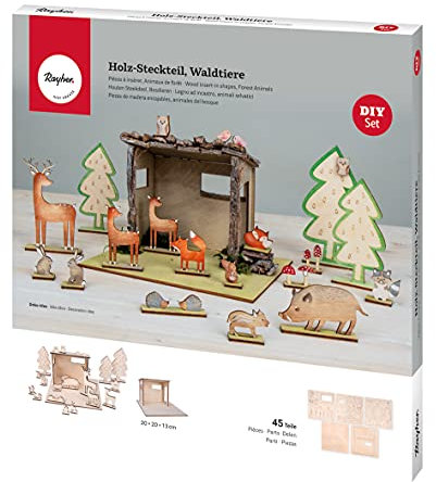 Rayher Holz Steckteil Waldtiere, Holz-Bausatz, FSC Mic Credit, natur, 45-teilig, als Adventskalender der besonderen Art zu verwenden, 46604505