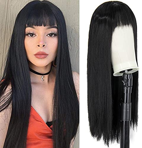 Perücken Frauen Schwarz mit Pony für Daily Party Kostüm Perücken Lange Glatthaar Black Halloween Kostüm Wig AL026A