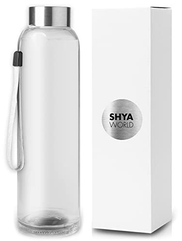 ShyaWorld Botella De Cristal para Agua con Cordón 500ml de Acabado Transparente Tapón de Rosca en Acero Inoxidable. Cajas Individuales por Botella (1 Unidad, Transparente)