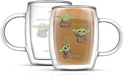 JoyJolt Awake! Grogu Coffee Mug Set of 2 Double Wall Mug. 13.5oz Large Espresso, Cappuccino or Latte Cup. Mandalorian Star Wars Mugs, Insulated Coffee Mug, Clear Glass Cups Coffee Cup Set