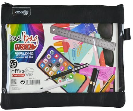 office box Colorline by Dual Bag Vision A6 Kulturbeutel mit zwei Fächern und transparenter Vorderseite mit Reißverschlüssen, Schwarz , Reisetaschen