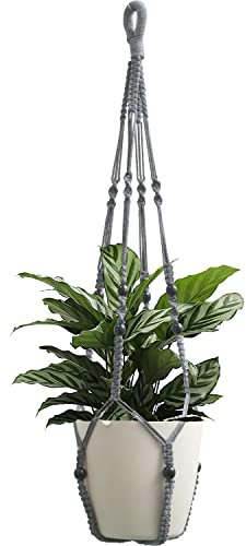 Makramee-Pflanzenhänger zum Aufhängen für den Innenbereich, mit Holzperlen, Makramee-Pflanzgefäße, Keine Quaste, für drinnen und draußen, Boho-Heimdekoration, 89,9 cm, Grau, 1 Stück
