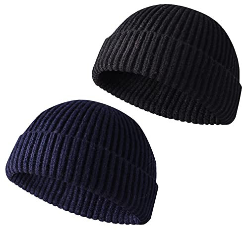 LINSOCLE 2-in-1 Fisherman & Trawler Beanie - Retro Winter Warme Mütze, Weich & Leicht für Damen & Herren (Schwarz + Navy Blau)