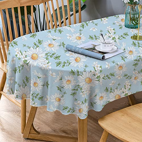 Bnejvif Ovale Tischdecke mit Gänseblümchen, blaues Blumenmuster, Sonnenblumenstoff, Bedruckt, ovale Tischdecke, Frühling, Sommer, wasserdicht, knitterfrei, langlebig, Tischdecke für ovale Tische, 137