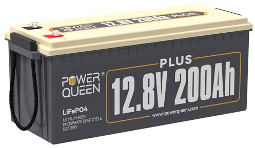 Power Queen LifePo4 Battery 12 V 200 Ah Plus LiFePO4 Battery Lithium Battery Deep Cycle Battery Rechargeable Supply Battery with BMS Over 4000 Life Cycles for Motorhomes Campers Caravans