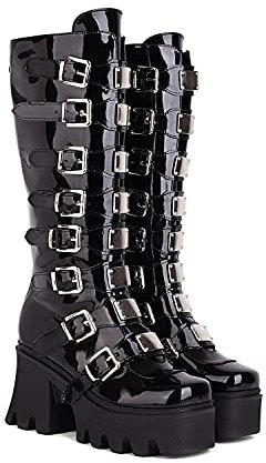 JIFAENY Stivali Da Donna Per Piattaforma Goth Da Donna Cuneo Gotico Chunky Ins Aercycle Mid -Calf Combattimento Ginocchiere-Pelle di brevetto,4.5